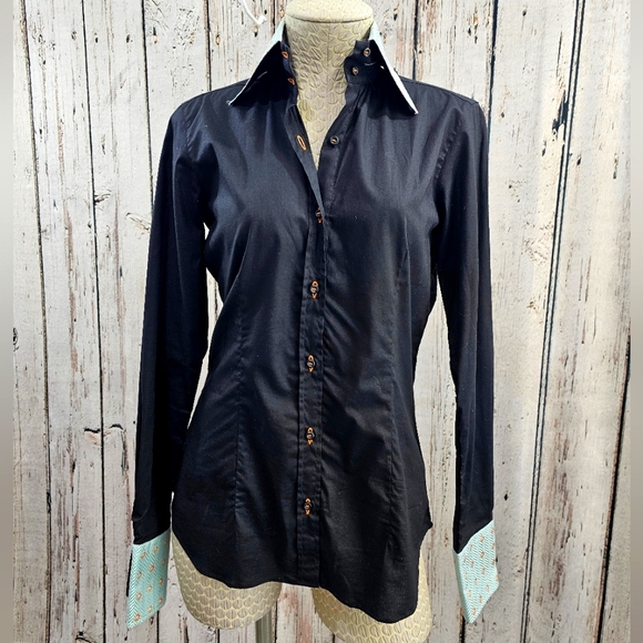 Women's 44 Marcello Italy Black Cotton blend collared dress shirt blouse top - Picture 1 of 10